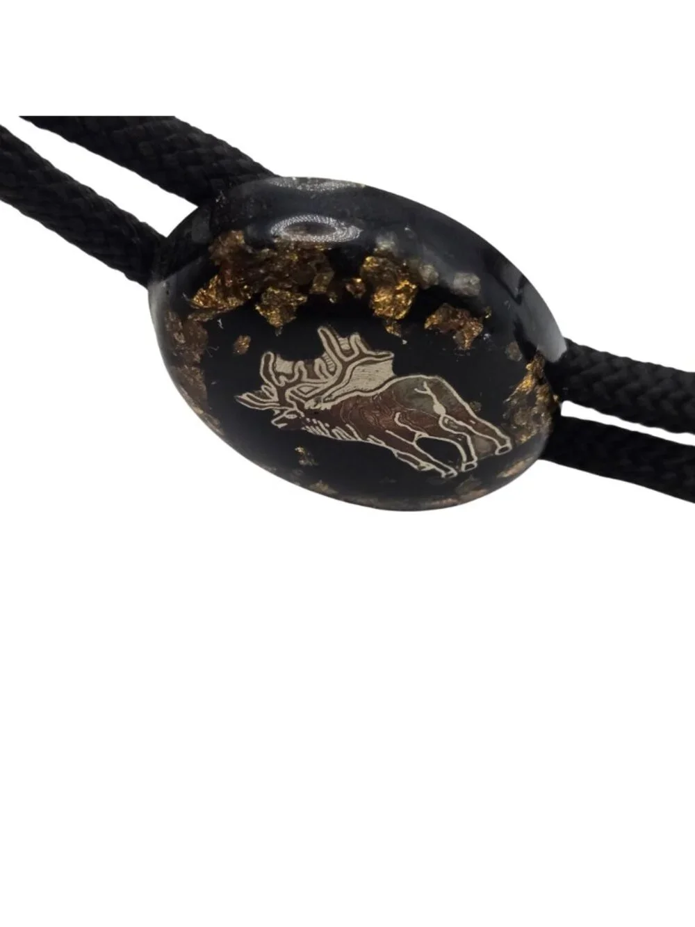 Vintage Elk Bolo Tie Cowboy Western Wear Black Gold Flakes Necktie Necklace